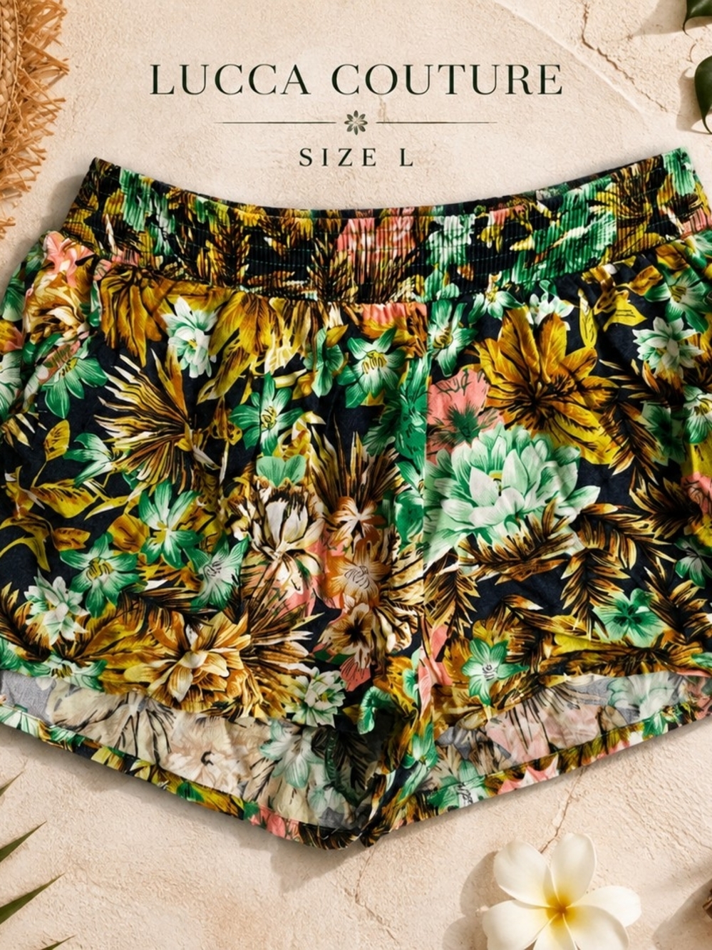 Lucca Couture Tropical Floral Print Elastic Waist Shorts Size L
